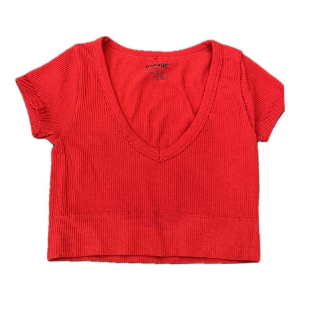 Garage Red Ribbed V-Neck Crop Top